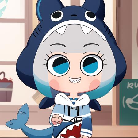10122-13245-,chibi, 1girl, multicolored hair , blue eyes,smile,_ gawr gura, shark girl, shark tail, shark print, blue hoodie, sharp teeth, a.png